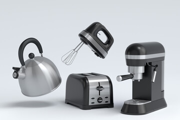 Espresso coffee machine, hand mixer, kettle and toaster on white background.
