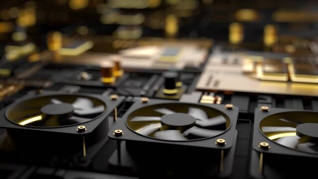 CPU Chip and cooler fan on motherboard. High tech electronic circuit board server code processing. Futuristic mining gpu microchip processor. Quantum computer and big data concept. Sci-fi background