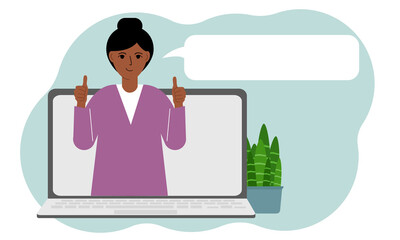 User reviews. Laptop with a woman with thumbs up. Customer Review, Online Review, Star Rating, Feedback. Rating bubble.
