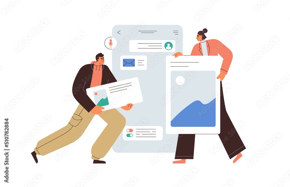 Fototapete UI UX design of mobile messenger app. Designers creating digital chat application interface layout for sending, receiving messages online. Flat vector illustration isolated on white background