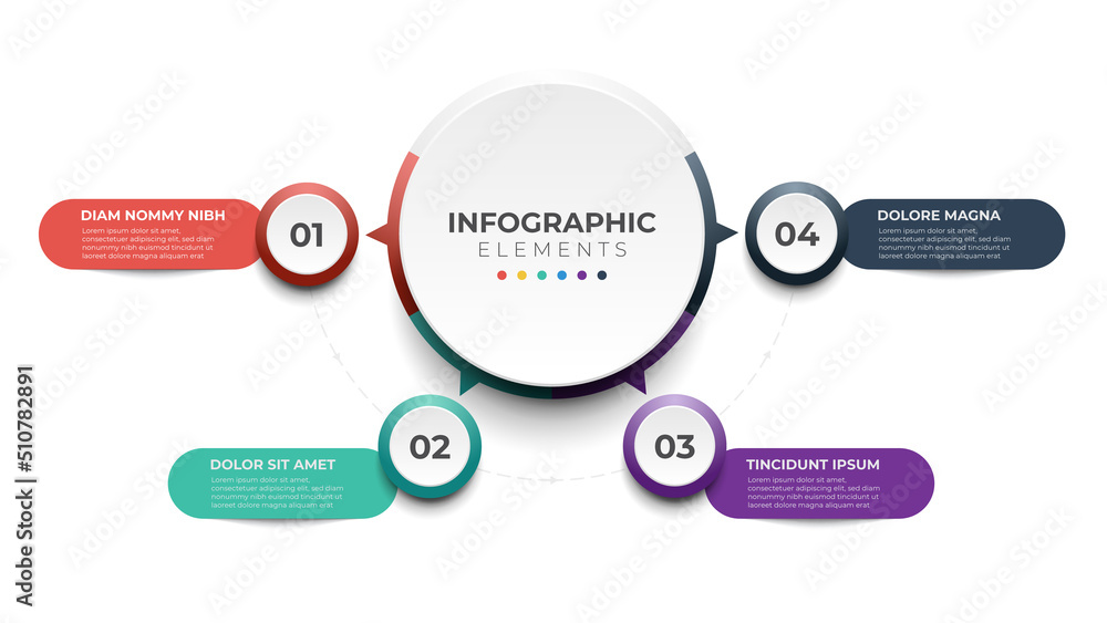 Poster 4 list of steps, layout diagram with number of sequence, circular infographic element template