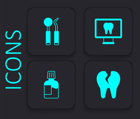 Set Broken tooth, Dental mirror and probe, Online dental care and Mouthwash icon. Black square button. Vector