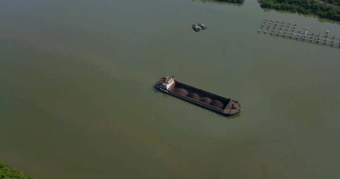 An Immobile Barge Boat In The Middle Of Amba River Near Dolvi Port In Maharashtra State, India. Aerial Top View