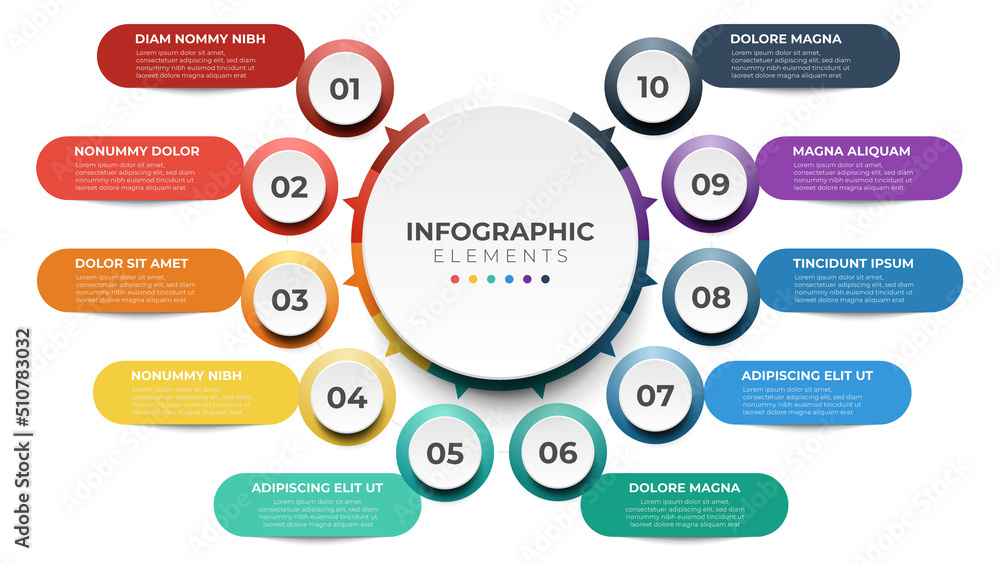 Wall mural 10 list of steps, layout diagram with number of sequence, circular infographic element template