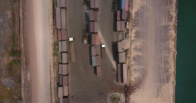 Top View Of Intermodal Containers Stacked At The Terminal Of New Mangalore Port In Karnataka, India. aerial