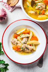 Portion of chicken stew with potatoes and carrots in plate. Comfort food recipe.