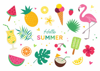 A set of cute summer elements. Icons for tropical vacations. Flamingos, ice cream and pineapple, leaves and cocktail, plumeria and coconut, hibiscus.