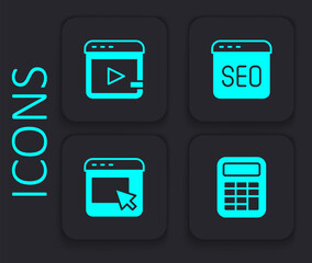 Set Calculator, Video advertising, SEO optimization and Advertising icon. Black square button. Vector