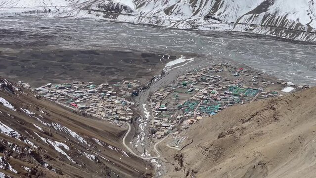 Kaza Town The Along The Spiti River From Dhar Lung Wooh Point In Himachal Pradesh, India. - wide