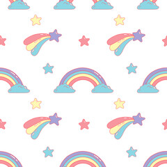 Star with a tail and rainbow with clouds on seamless pattern. Vector cartoon illustration from y2k