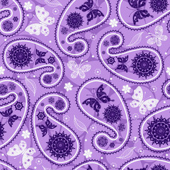 Seamless pink pattern with lace butterflies and translucent paisley. Vector eps 10