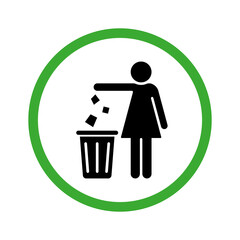 Keep Clean Icon. Allowed Drop Trash in Bin. Throw Litter in Bin Silhouette Green Icon. Disposal Waste Glyph Pictogram. Tidy Woman Throw Rubbish in Can Sign. Isolated Vector Illustration