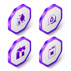 Set Isometric Oil drop with dollar symbol, and gas industrial factory and Canister for gasoline icon. Purple hexagon button. Vector