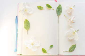 Open book with blank sheets and blue pen in apple flowers and leaves on paper