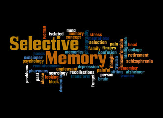 Word Cloud with SELECTIVE MEMORY concept, isolated on a black background