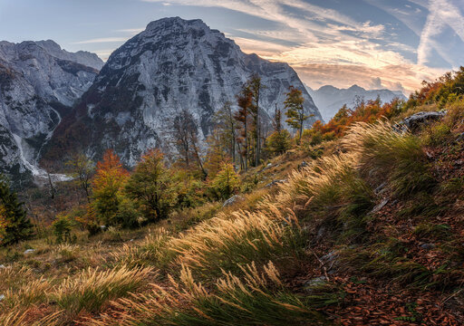 Autumn in Trenta valley in the mountains of Julian Alps