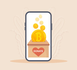 Donate bitcoin, crypto currency. Vector, illustration. Digital electronic currency. Bitcoin currency.