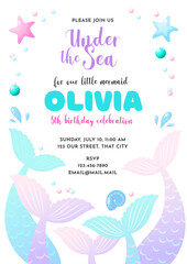 Birthday party invitation template. Cute illustration of mermaid tails, shell, pearls and star fish. Vector 10 EPS.