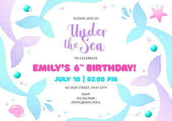 Fototapeta na wymiar Birthday party invitation template. Cute illustration of mermaid tails, shell, pearls and star fish. Vector 10 EPS.