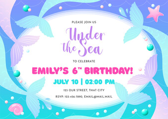 Birthday party invitation template. Cute illustration of mermaid tails, shell, pearls and star fish. Vector 10 EPS.