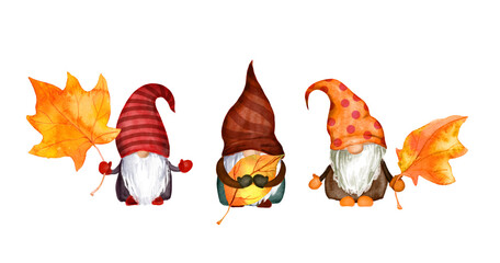 Autumn gnomes family with maple leaves. Set of scandinavian dwarves. Watercolor seasonal collection