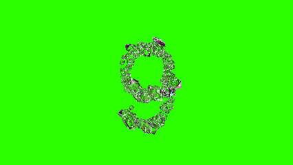 lighting transparent brilliants number 9 on chroma key screen, isolated - object 3D rendering