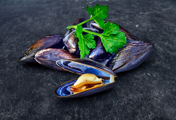 open en closed clams with shellfish isolated on black background