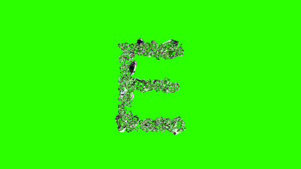 glowing finest brilliants letter E on chroma key screen, isolated - object 3D rendering