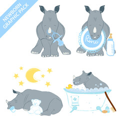 Cute rhino baby boy celebrating newborn isolated on white background - vector illustration set collection
