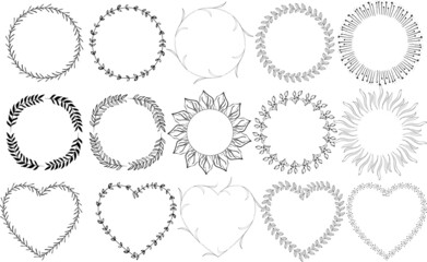 Vector floral wreaths with hand drawn illustration of violet, pink, orange, gold, yellow flowers for embroidery, fashion and wedding design collection