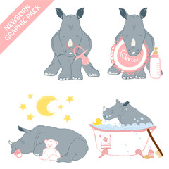 Cute rhino baby girl celebrating newborn isolated on white background - vector illustration set collection