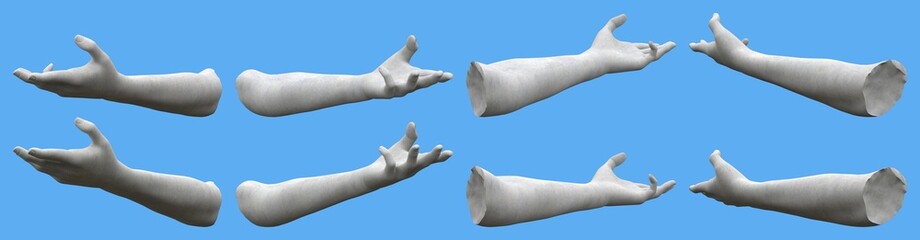 Set of grey stone statue hand detailed renders isolated on blue, lights and shadows distribution example for artists or painters - 3d illustration of objects