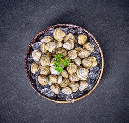 assorted clams with shellfish on black background