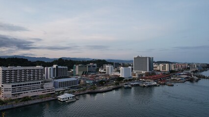 Fototapeta na wymiar Kota Kinabalu, Sabah Malaysia – June 14, 2022: The Waterfront and Esplanade Area of Kota Kinabalu City Centre