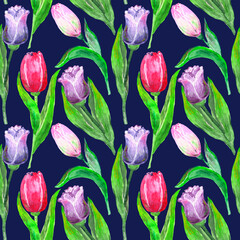 Seamless watercolor pattern, tulips of different types on a dark purple background, wallpaper, wrapping paper, textile