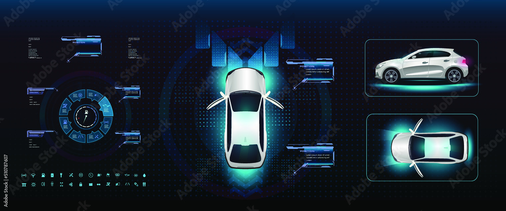 Poster futuristic car interface. car with navigation panel in three projections in the style of hud. smart 