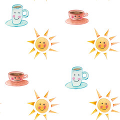 Seamless watercolor texture with mugs with faces and the sun in a children's style