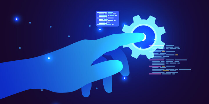 Web development, coding and programming futuristic banner. Hand touching computer code