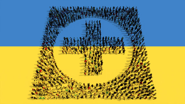 Concept or conceptual community of people forming the image of a cross on Ukrainian flag. A 3d illustration metaphor for medical care, assistance, emergency, doctor, life guard or hospital