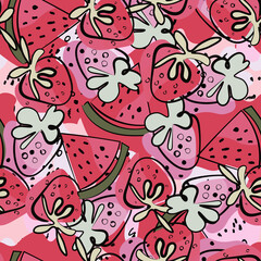 Bright summer background with strawberries and watermelon. Hand drawing. Stylized as a watercolor. The pattern is suitable for printing on children's clothes, yogurt packaging, desserts.