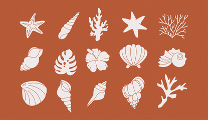 Summer icons set with corals, palm leaves and seashells. Cute sea, ocean and brown background with sand. For social media, accommodation rental and travel services.