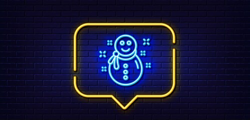 Neon light speech bubble. Christmas snowman line icon. New year sign. Winter holiday symbol. Neon light background. Snowman glow line. Brick wall banner. Vector