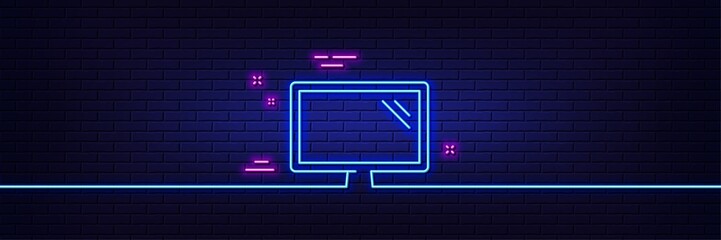 Neon light glow effect. Monitor line icon. Computer component device sign. Screen symbol. 3d line neon glow icon. Brick wall banner. Monitor outline. Vector