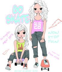 cute girl T-shirt Graphics. vector. girl pattern. girl illustration . Fashion and skate girl
