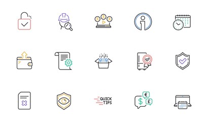 Calendar, Info and Delete file line icons for website, printing. Collection of Lock, Technical documentation, Education icons. Money currency, Wallet, Packing boxes web elements. Vector