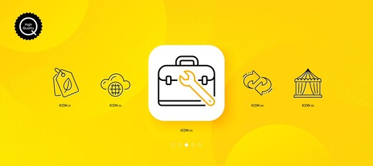 Fototapeta na wymiar Bio tags, Refresh and Circus tent minimal line icons. Yellow abstract background. Tool case, Cloud computing icons. For web, application, printing. Leaf, Rotation, Attraction park. Vector