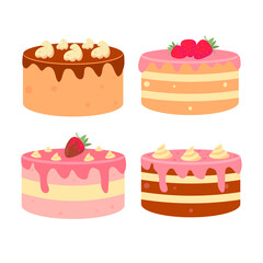 Set of cakes isolated on a white background. Vector illustration of different types of beautiful modern cakes.