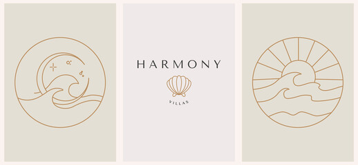 Abstract summer logo template with seashell sunset with waves. Modern minimal set of linear icons and emblems for social media, accommodation rental and travel services.
