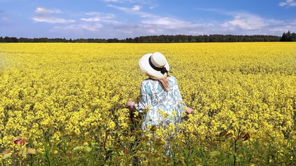 Woman on wild field blossom yellow flowers and bright sky with white clouds summer nature landscape, green field in countryside   sun light   clouds  summer  nature background