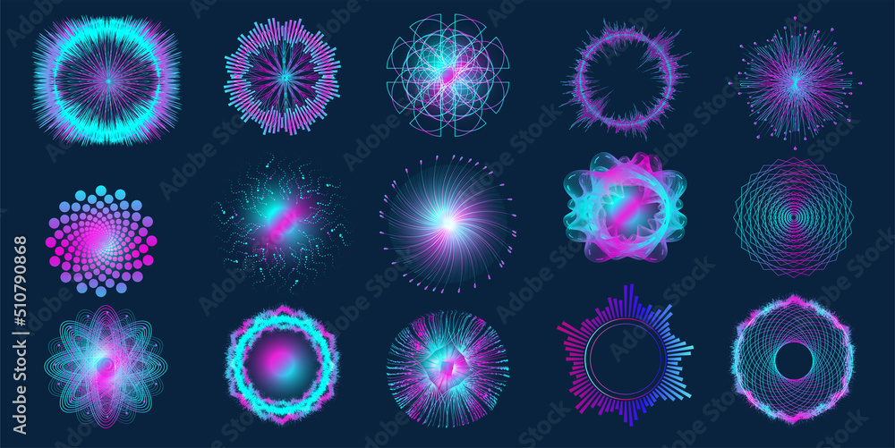 Poster isolated radial curve of a sound wave with light particles. a set of sound luminous circular waves. 